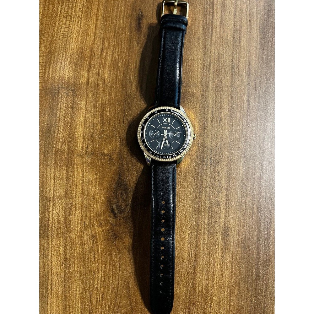 Fossil Stella Multifunction Black Leather Watch